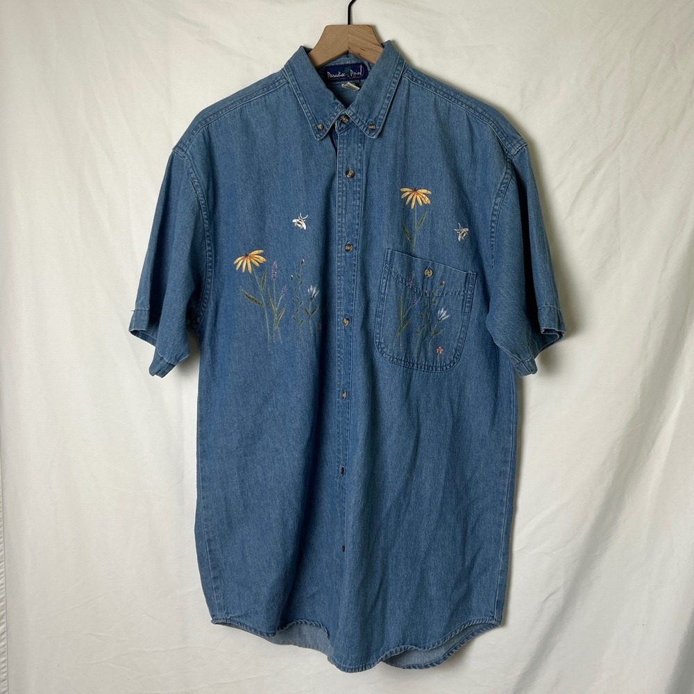 Paradise Point Women Floral Bee Denim Button Down Short Sleeve Shirt Size M Blue